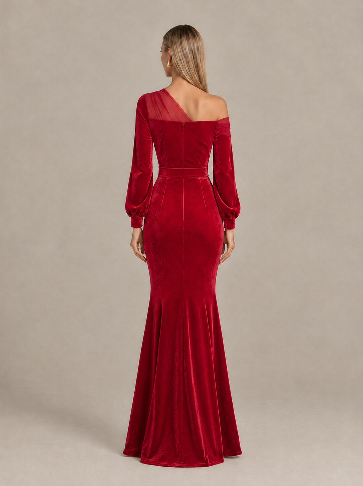 BOLODOO Red Velvet Mermaid Evening Dress with Long Sleeves - Red - Red (2)
