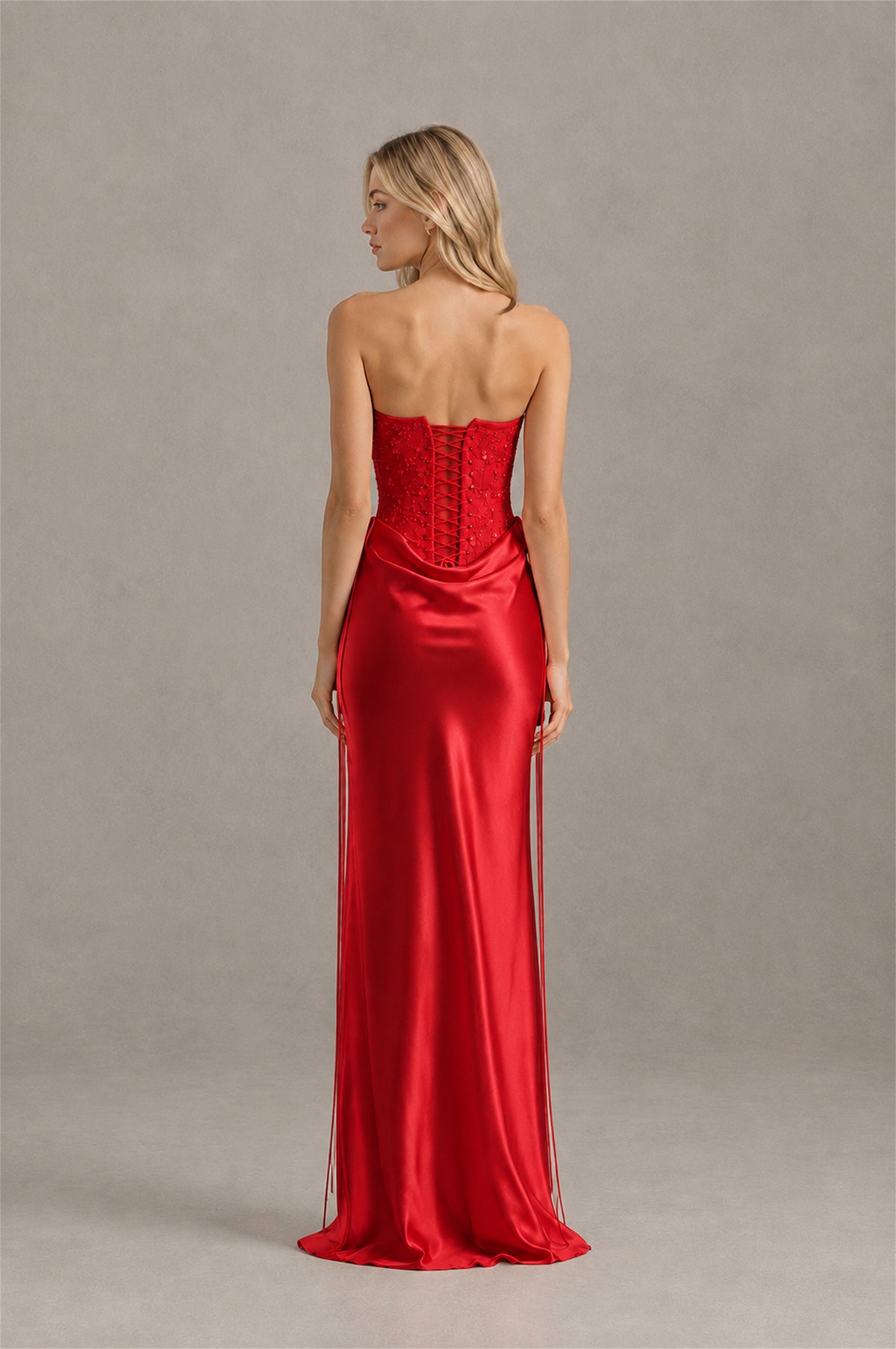 BOLODOO Red Strapless Embellished Corset Satin-Look Maxi Dress - Red