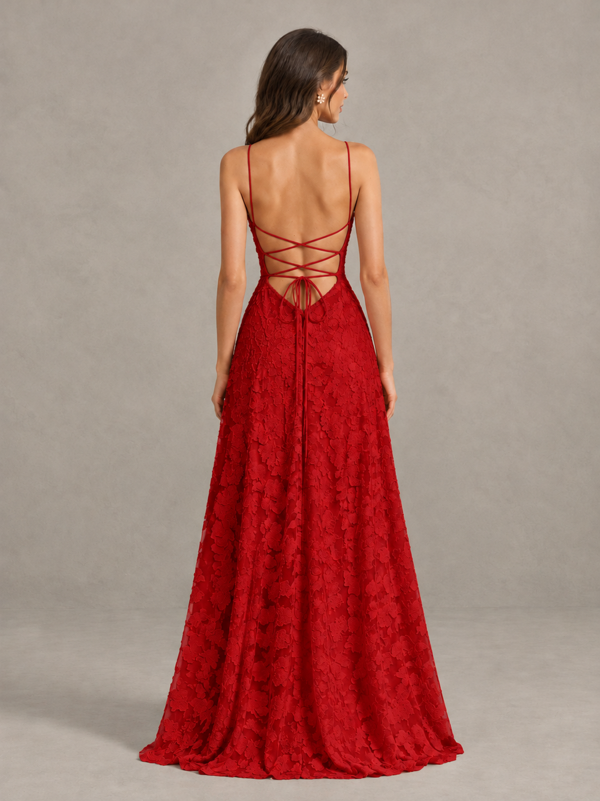 BOLODOO Red Floral Appliqué Slit Maxi Dress - Red - Red (2)