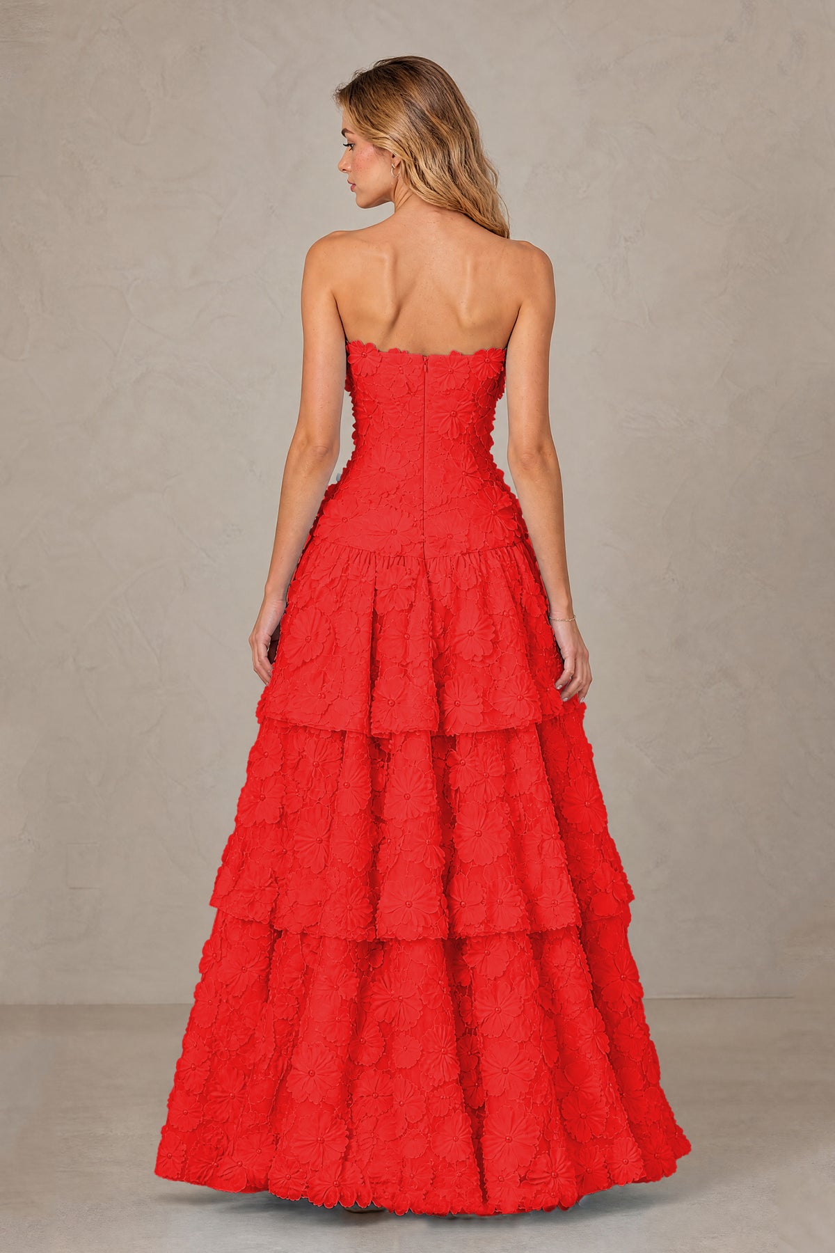 BOLODOO Red Strapless 3D Floral Tiered Evening Gown - Red