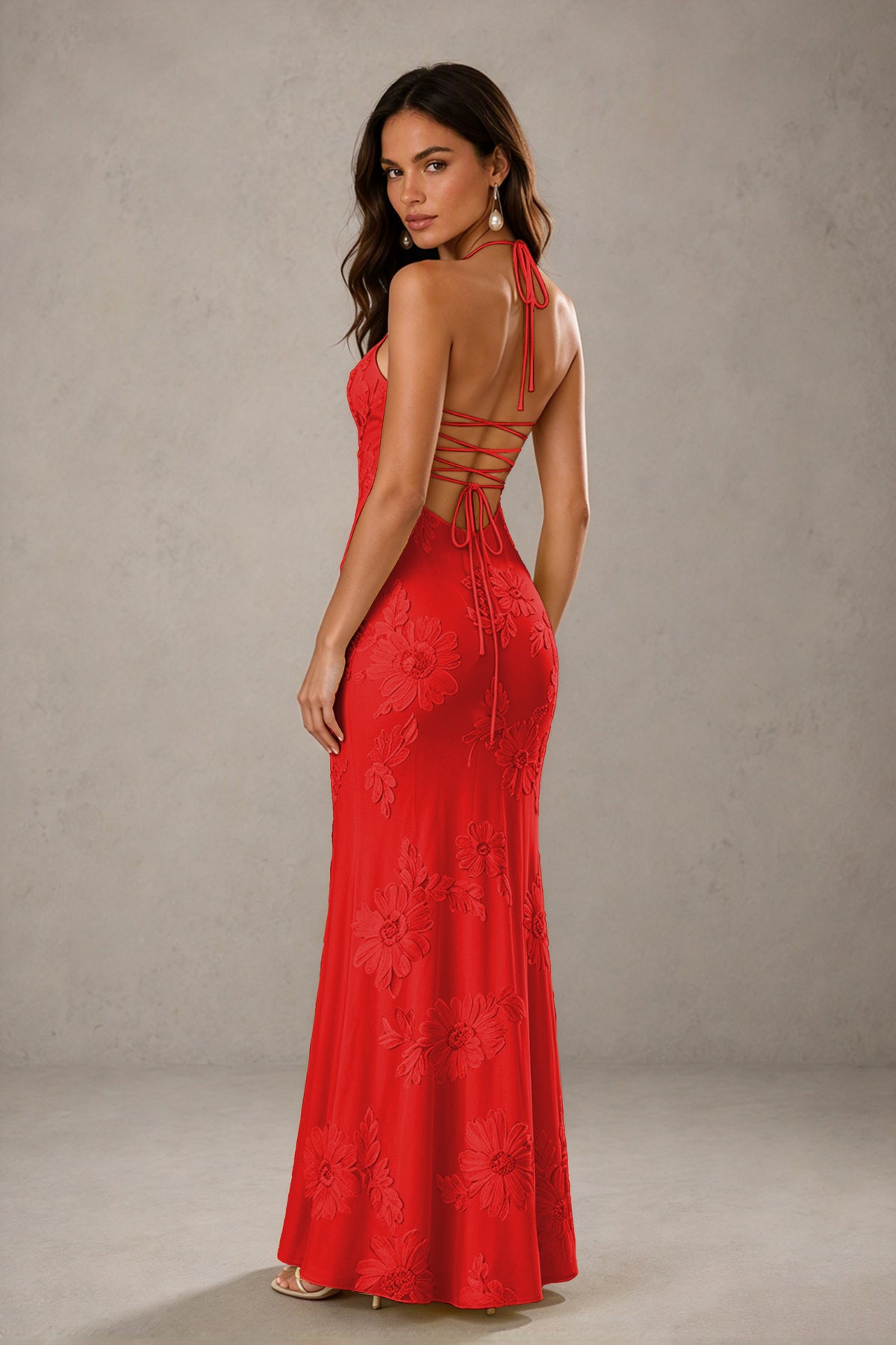 BOLODOO Red Halter Sweetheart Floral Embroidered Lace-Up Open Back Maxi Dress | BD0257 - Red