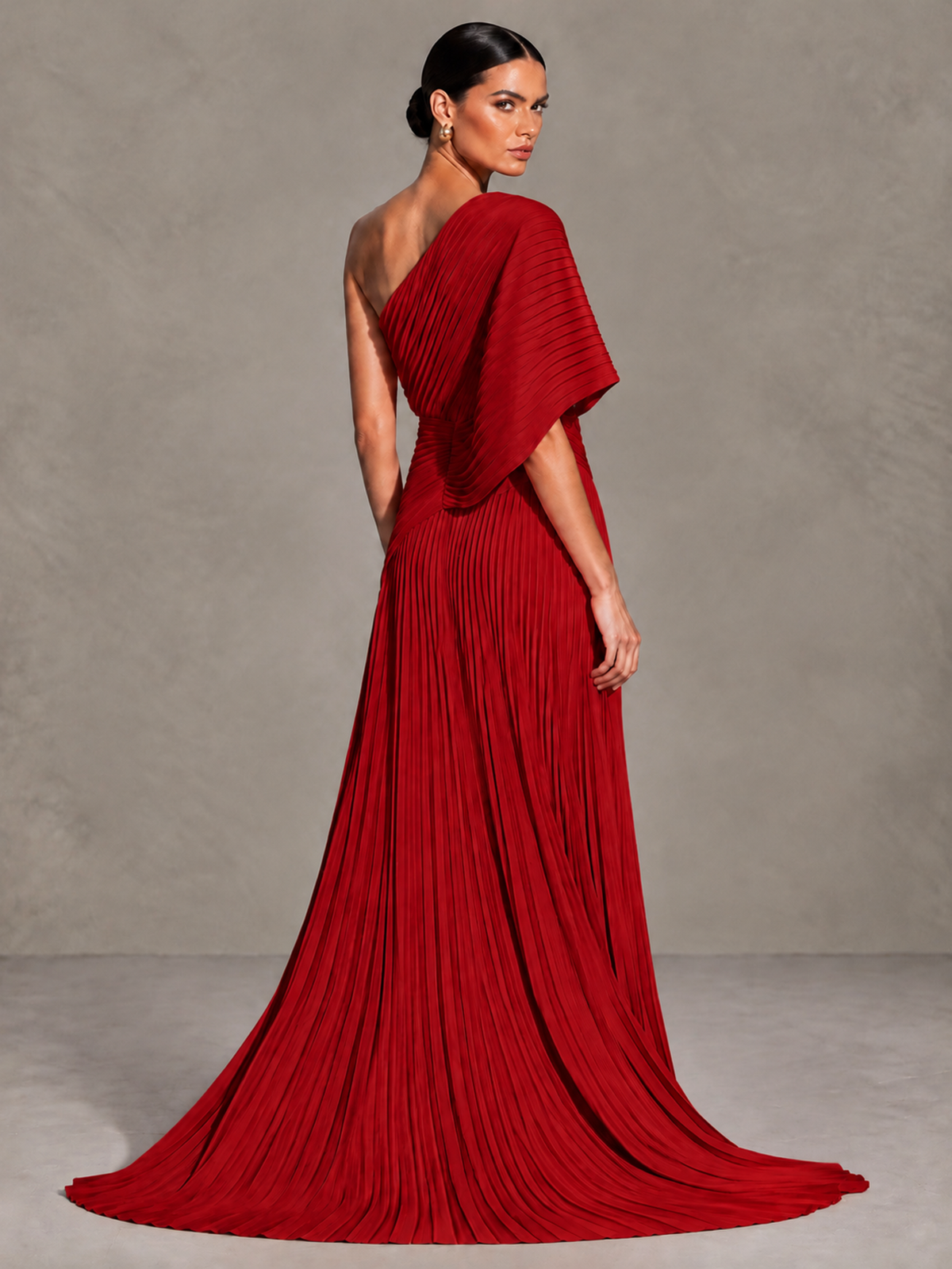 BOLODOO Red One-Shoulder Pleated Cape Evening Gown with Train - Red - Red (2)