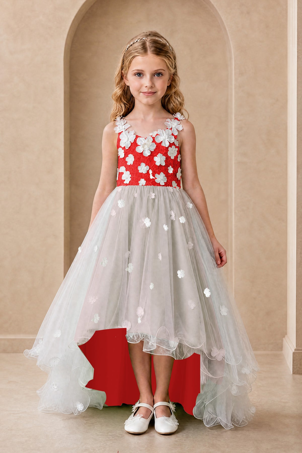 BOLODOO Red Flower Girl Dress with Floral Appliqué and High-Low Tulle Skirt - Red