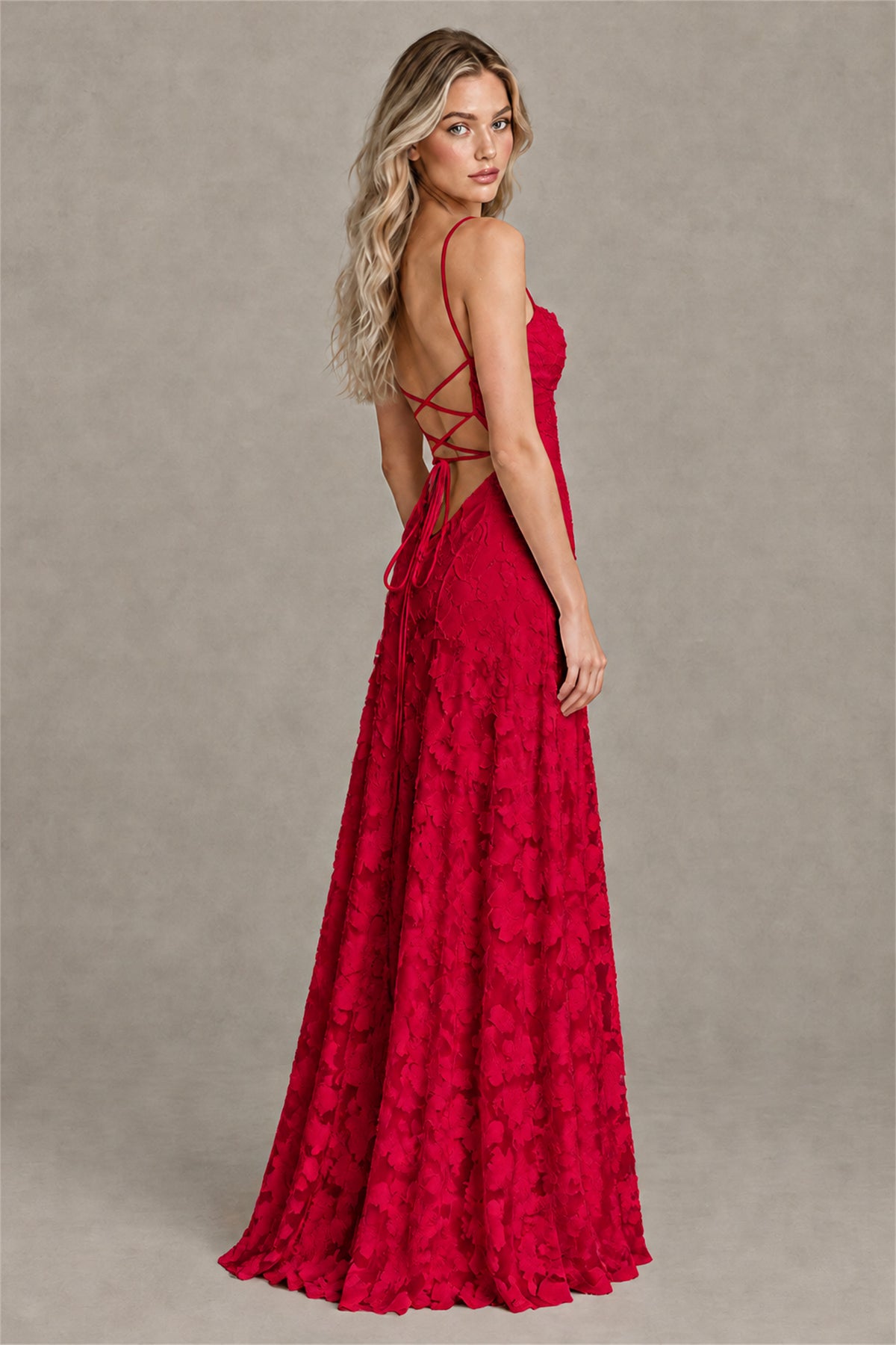 BOLODOO Red Floral Appliqué Lace-Up Back Maxi Dress - Red