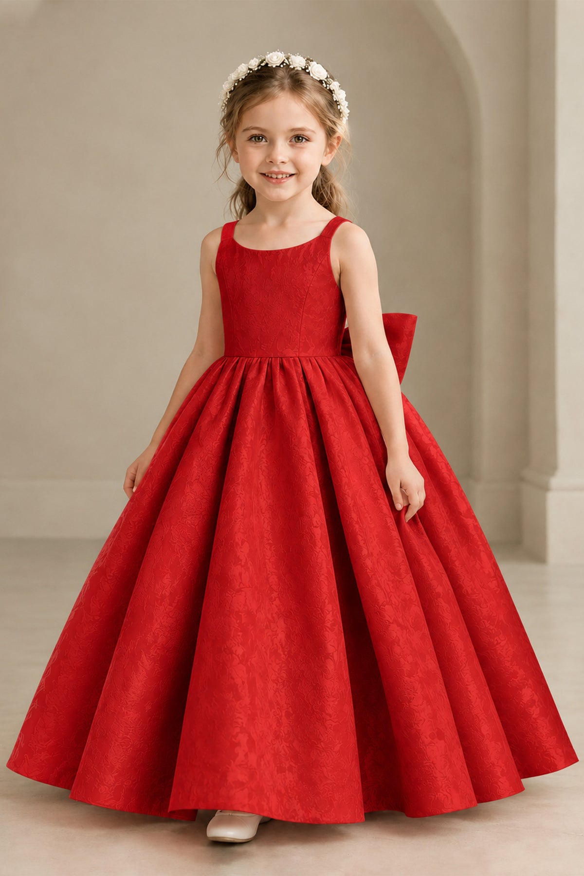 BOLODOO Red Girls' A-Line Flower Girl Dress with Back Bow - Red