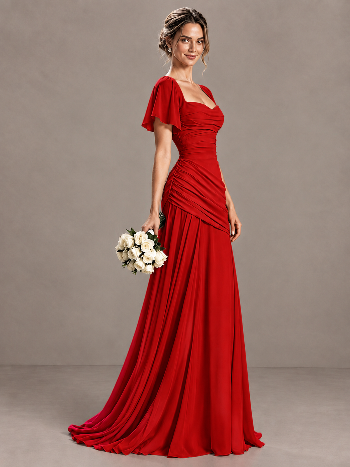 BOLODOO Red Flutter Sleeve Lace-Up Back Maxi Dress - Red - Red (3)