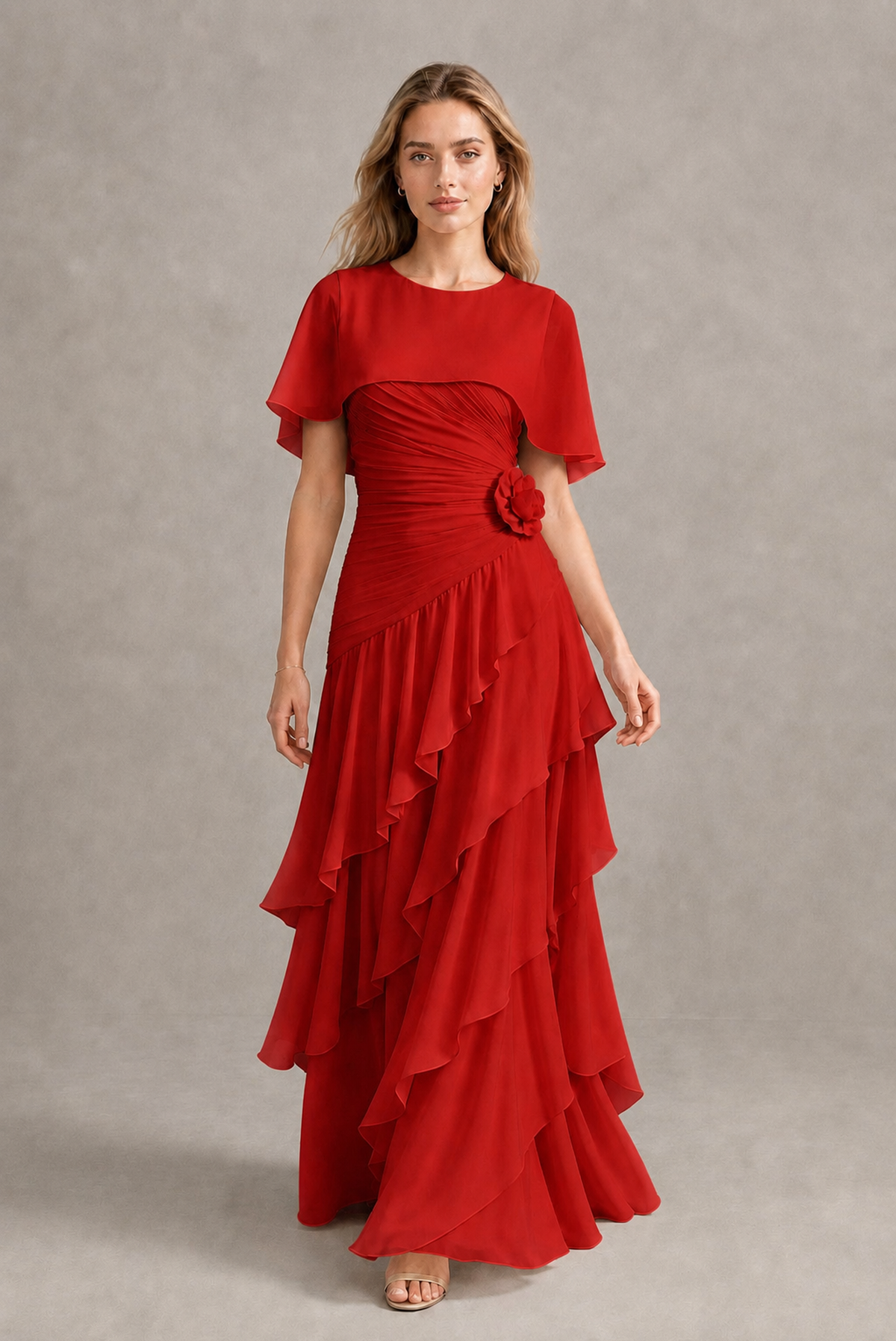 BOLODOO Red Chiffon Flutter Sleeve Tiered Maxi Dress with 3D Rosette - Red