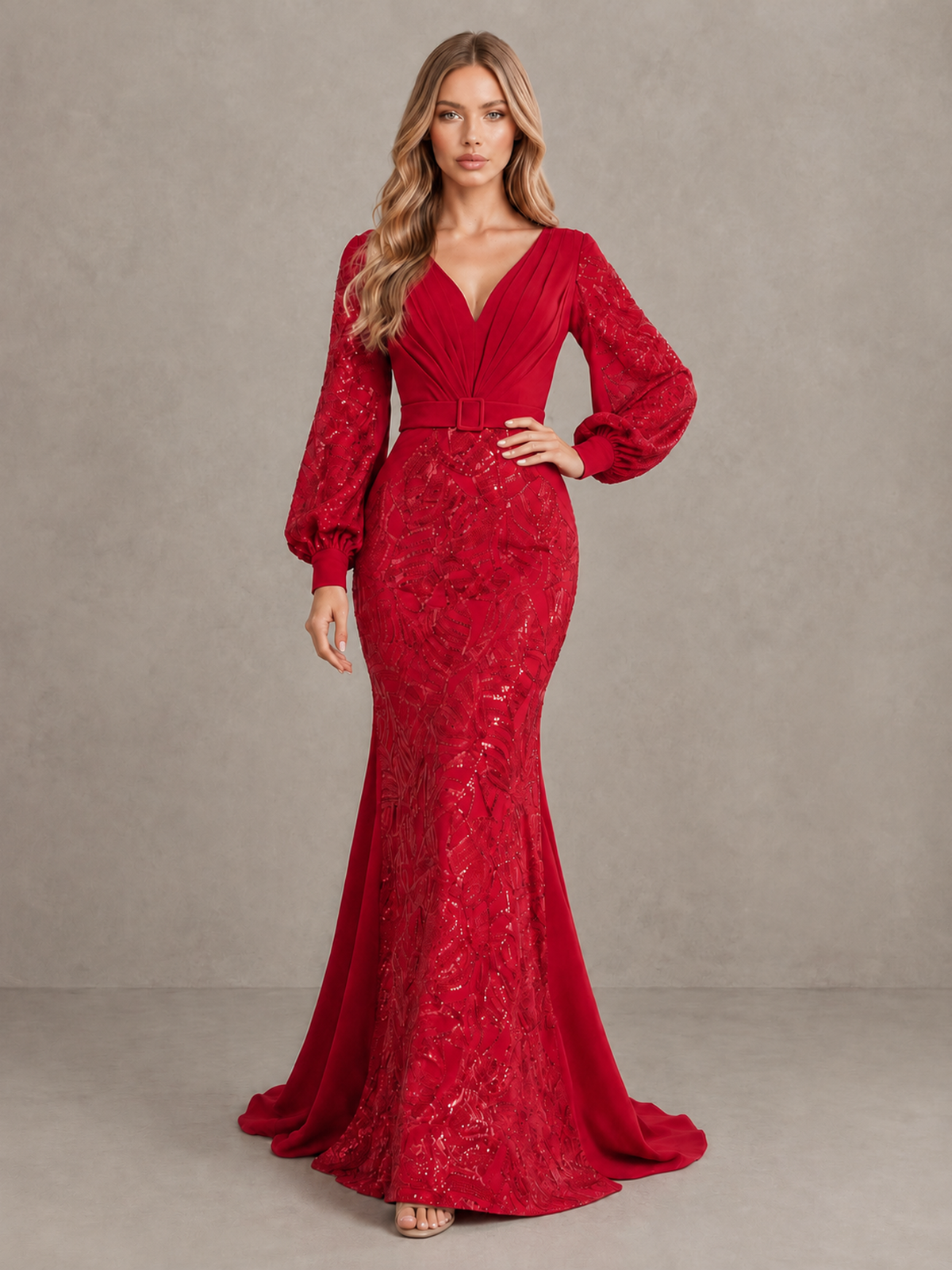 BOLODOO Red Sequin Long Bishop Sleeve Mermaid Evening Dress - Red - Red (3)