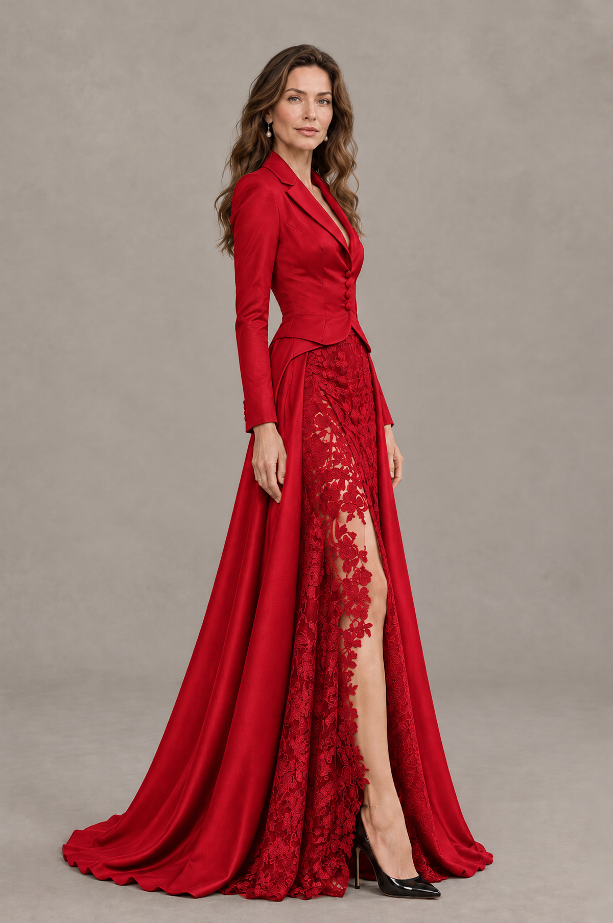 BOLODOO Red Long Sleeve Lace Blazer Gown with High Slit - Red - Red (3)
