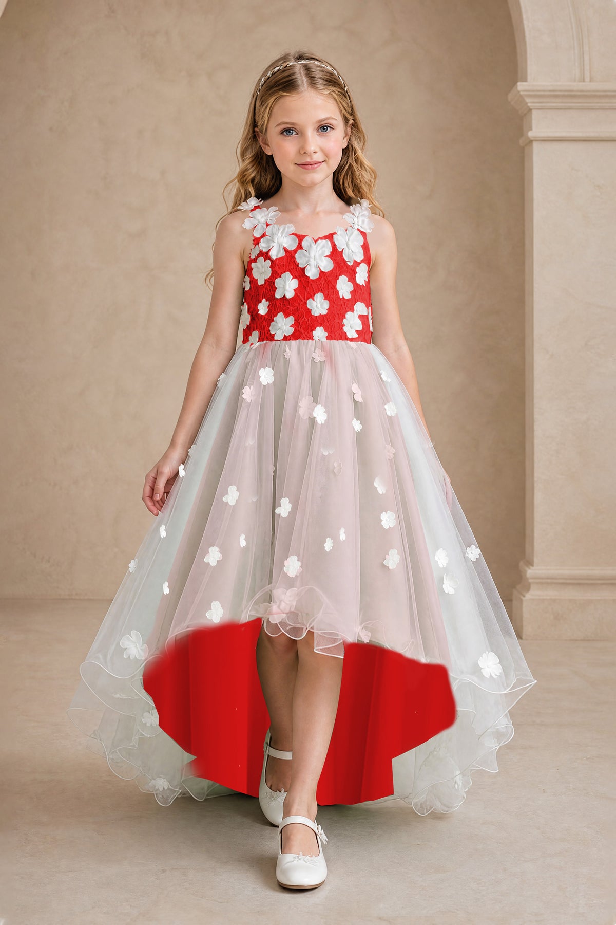 BOLODOO Red Flower Girl Dress with Floral Appliqué and High-Low Tulle Skirt - Red