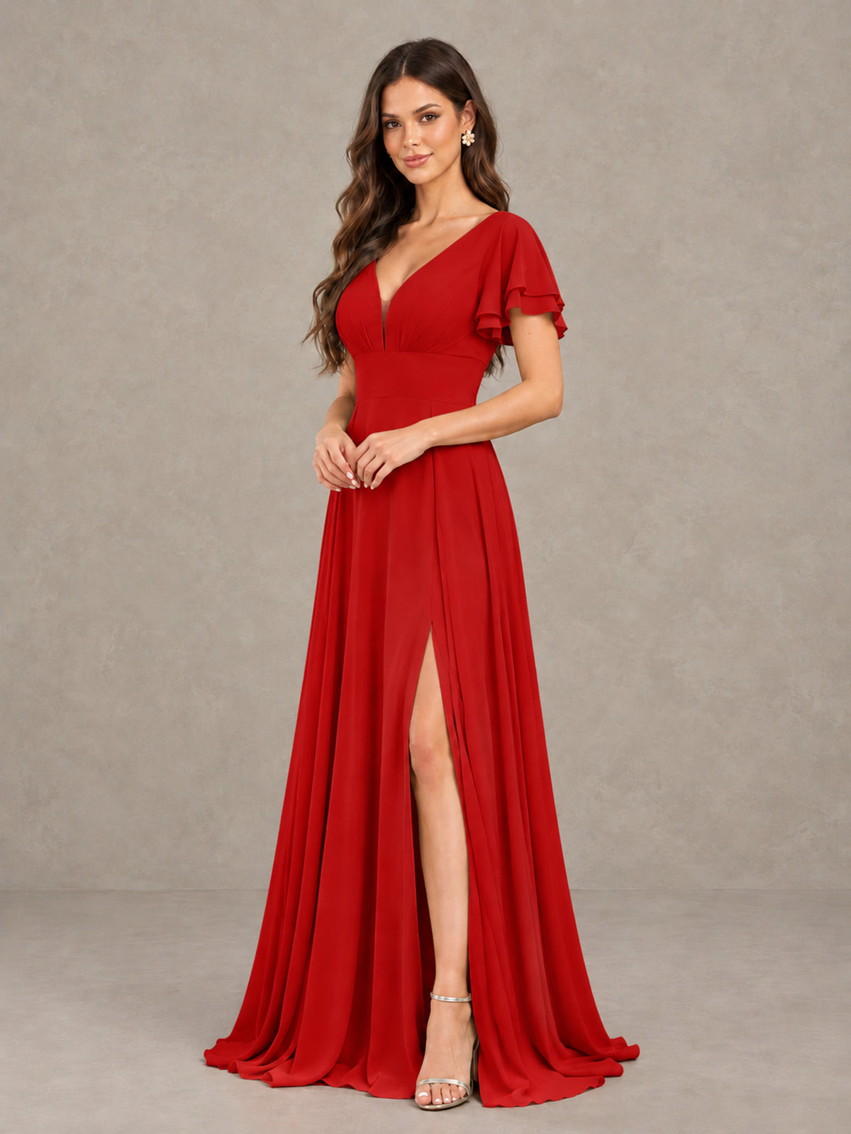 BOLODOO Red Flutter Sleeve Chiffon A-Line Maxi Bridesmaid Dress with Open Back & Slit - Red - Red (3)