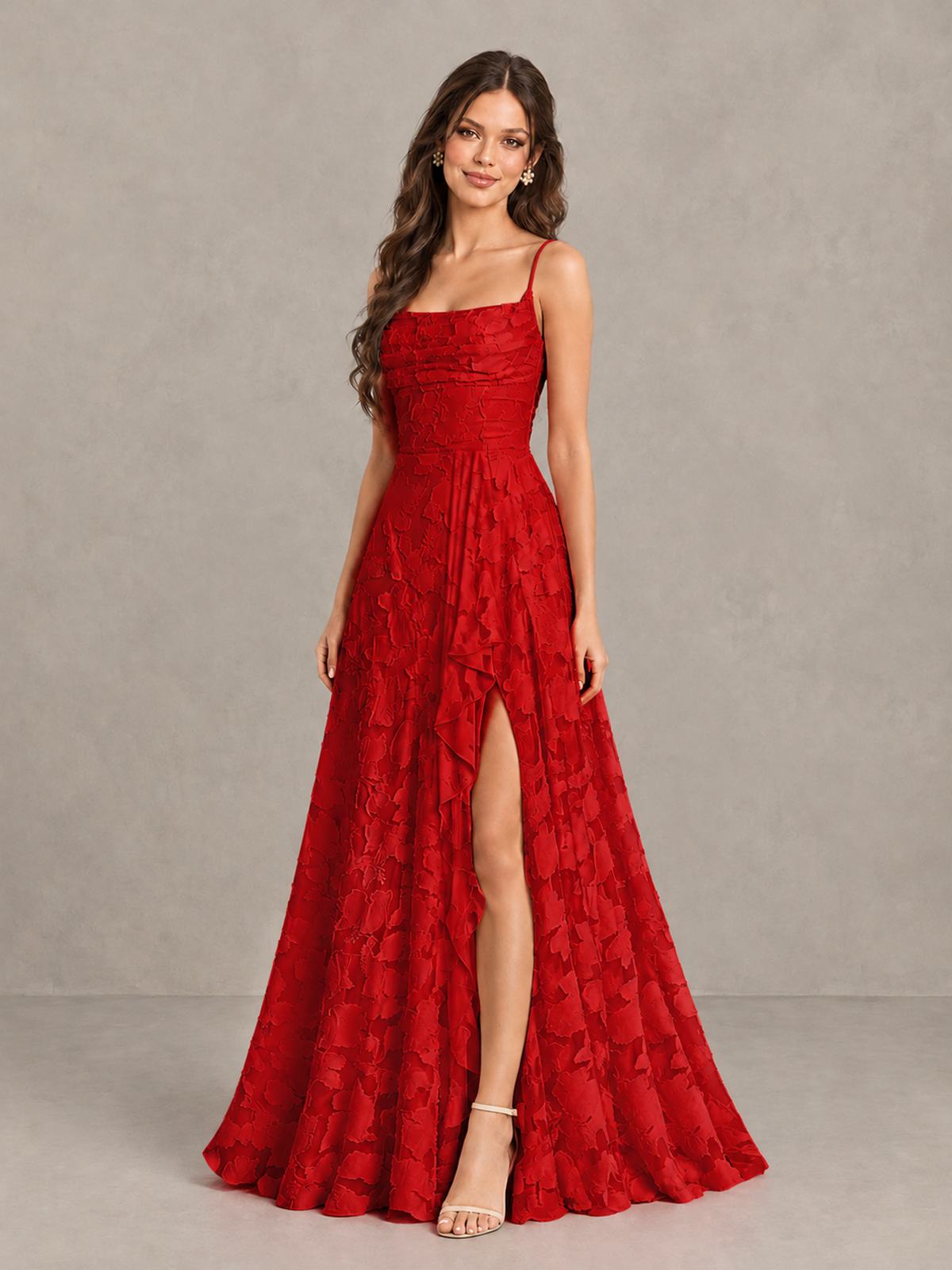 BOLODOO Red Floral Appliqué Slit Maxi Dress - Red - Red (3)