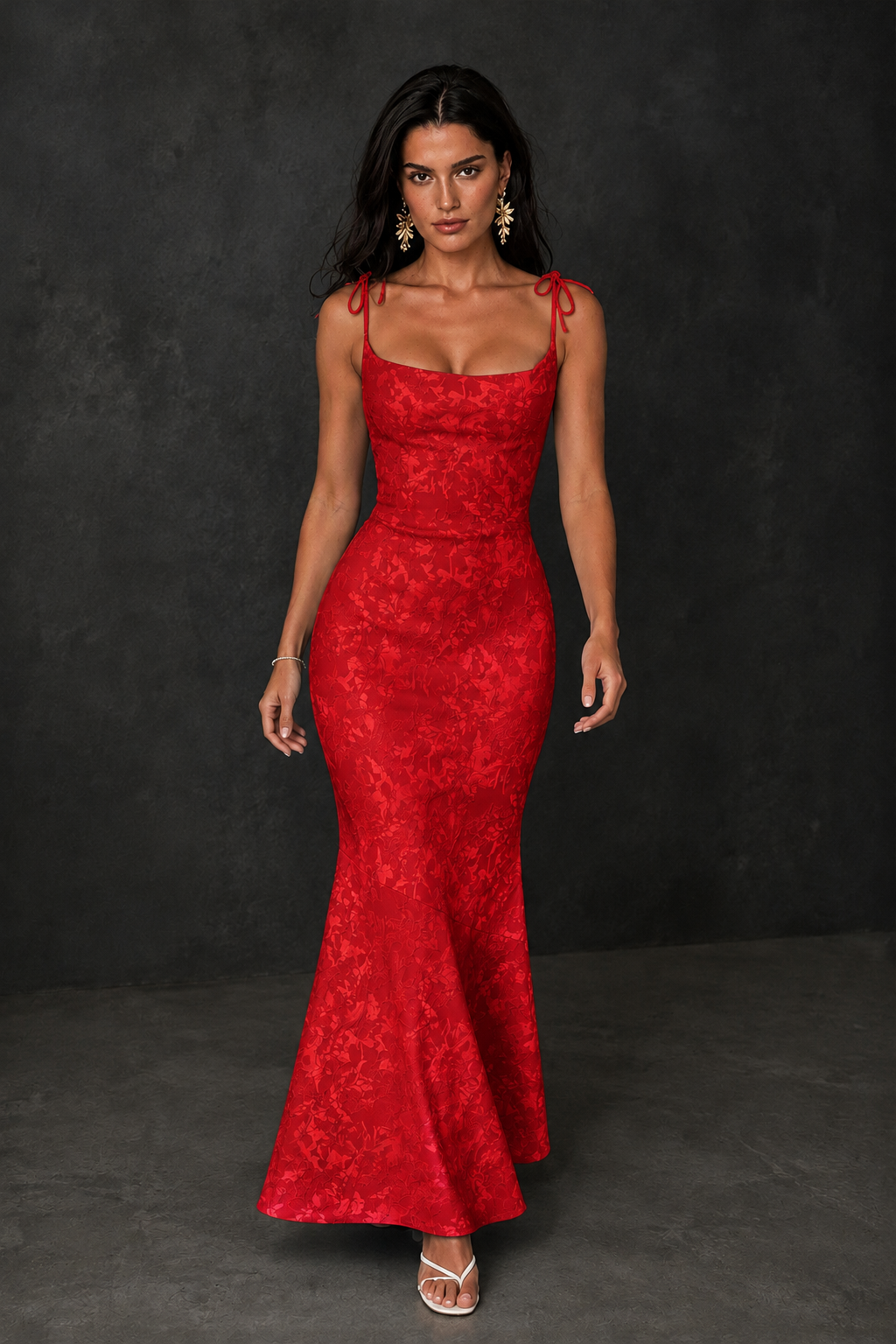 BOLODOO Red Scoop Neck Tie Strap Lace-Up Back Floral Jacquard Mermaid Maxi Dress - Red
