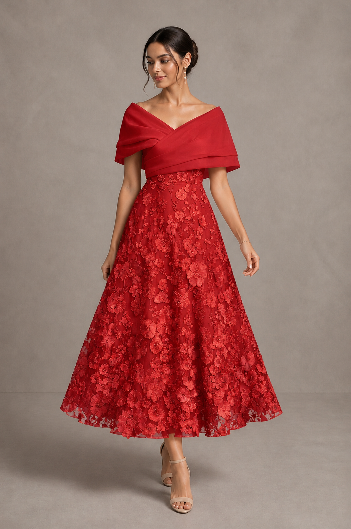 Red Off-Shoulder Satin & 3D Floral Embroidered Tulle Tea Length A-Line Dress - Red