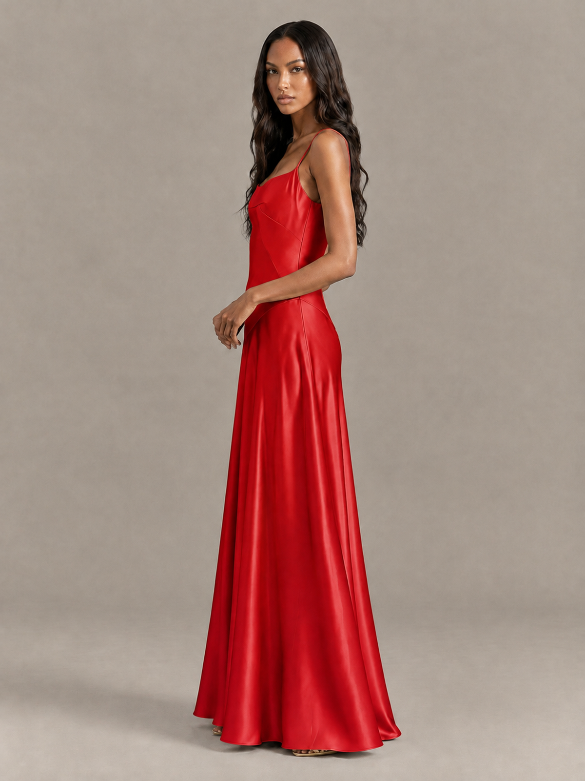 BOLODOO Red Satin Lace-Up Back Maxi Dress - Red