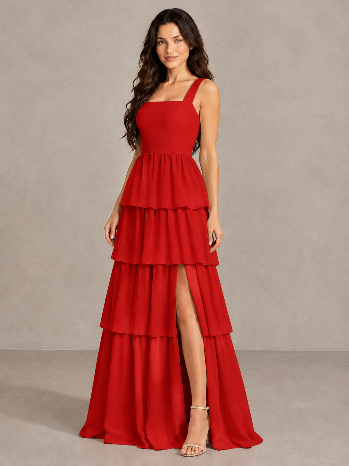 BOLODOO Red Square Neck Tiered Bridesmaid Dress with Slit - Red - Red (3)