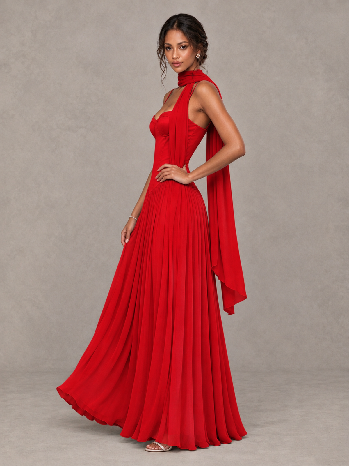BOLODOO Red Corset Bridesmaid Dress with Scarf - Red - Red (3)