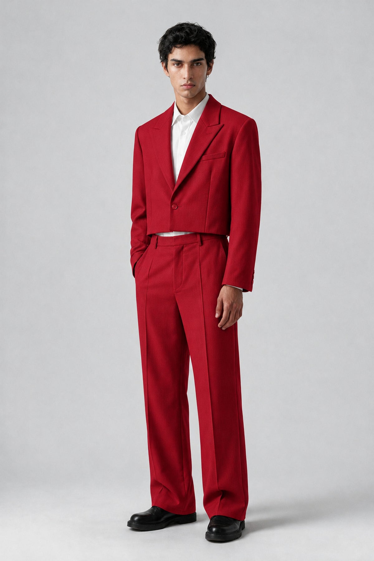 Bolodoo Men's Red Cropped Blazer & Wide-Leg Trousers 2-Piece Suit - Red - Red (3)