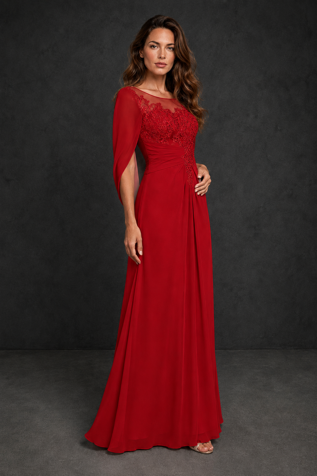 BOLODOO Red Illusion Lace One-Side Cape Sleeve Beaded Chiffon Floor Length Gown | Mother of the Bride Evening Dress - Red