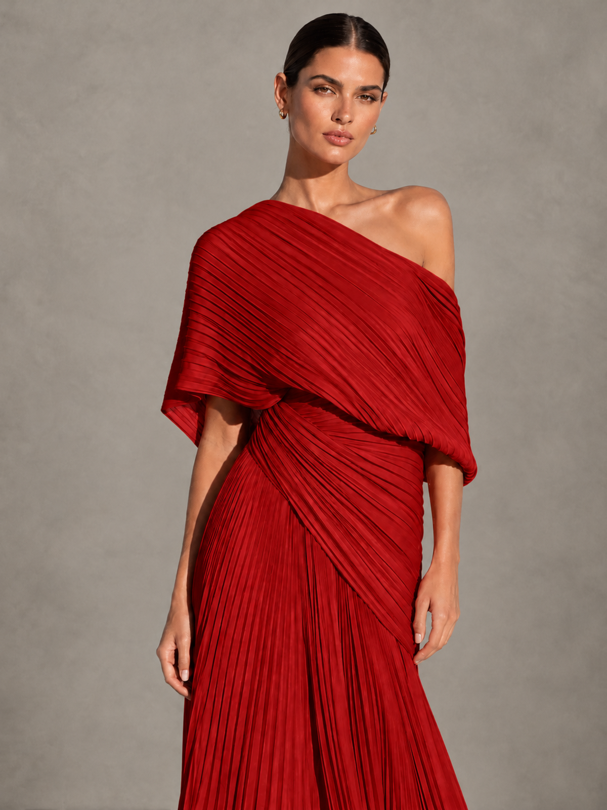 BOLODOO Red One-Shoulder Pleated Cape Evening Gown with Train - Red - Red (3)