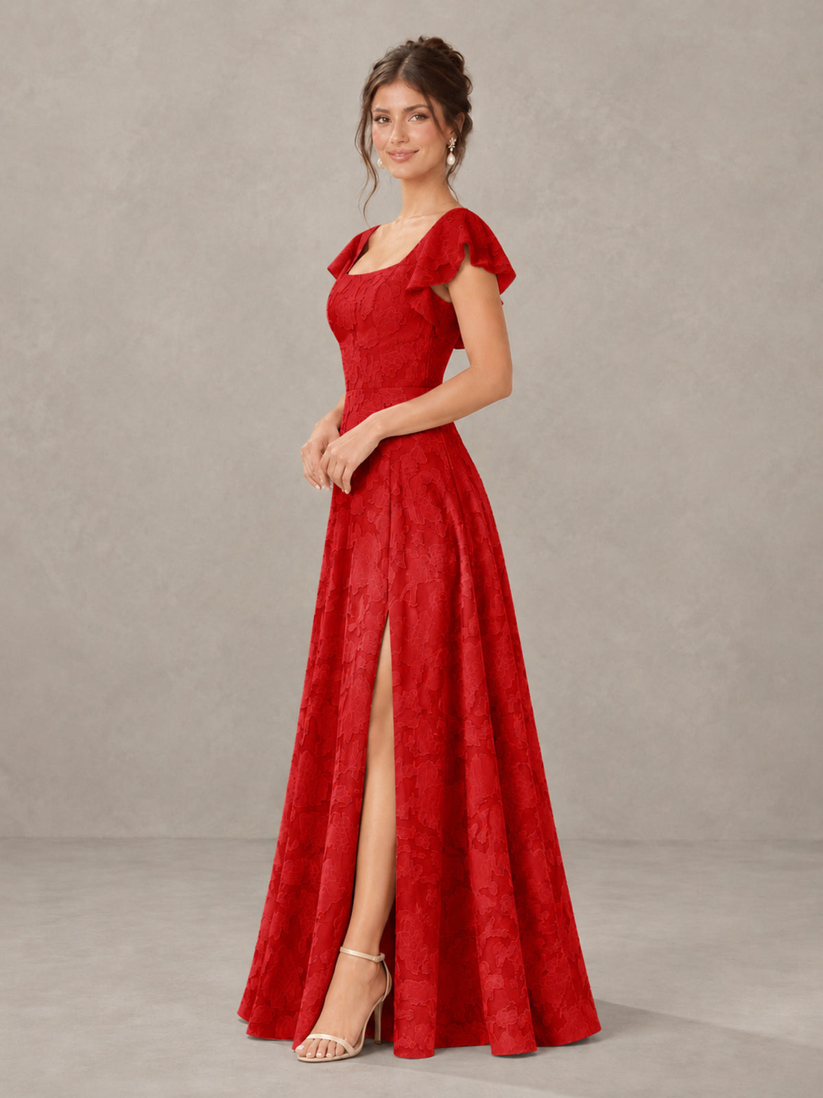 BOLODOO Red Floral Flutter Sleeve Bridesmaid Dress with Slit - Red - Red (3)