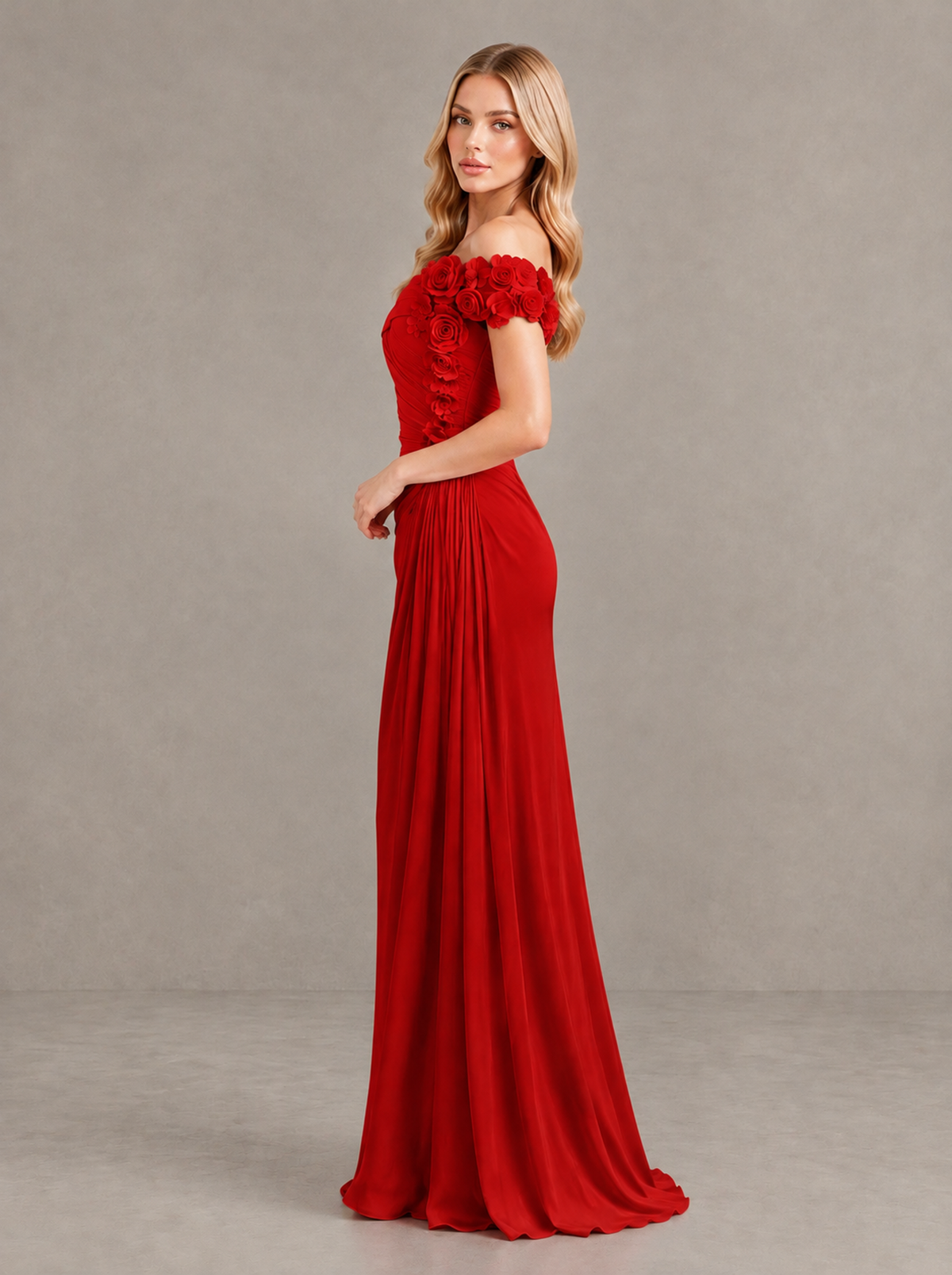 BOLODOO Red Off-Shoulder Floral Applique Wedding Guest Maxi Dress - Red - Red (3)