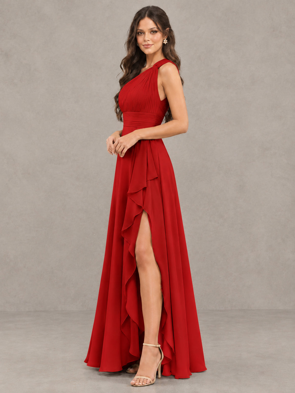 BOLODOO Red One-Shoulder Ruffle Bridesmaid Dress with Slit - Red - Red (3)