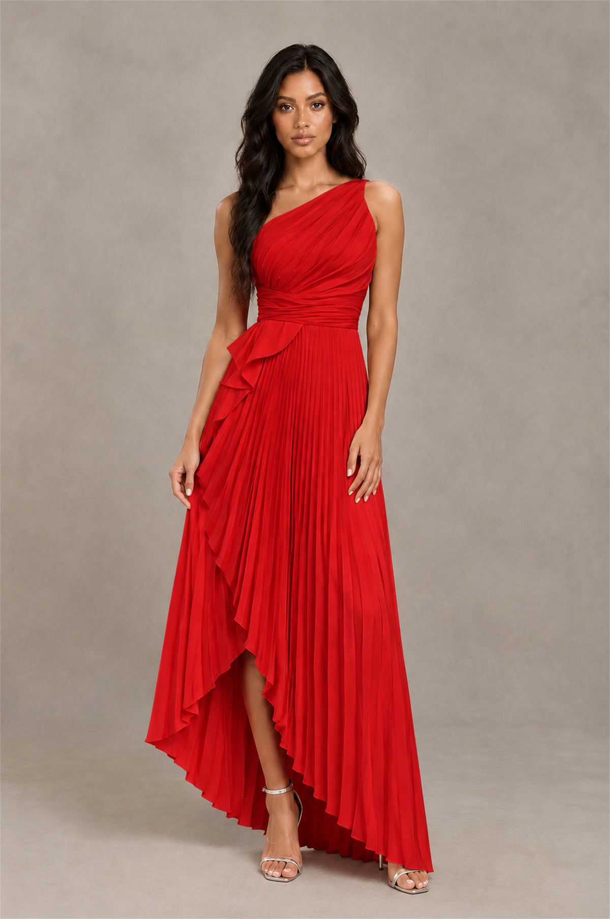 BOLODOO Red One-Shoulder High-Low Ruffle Maxi Dress - Red