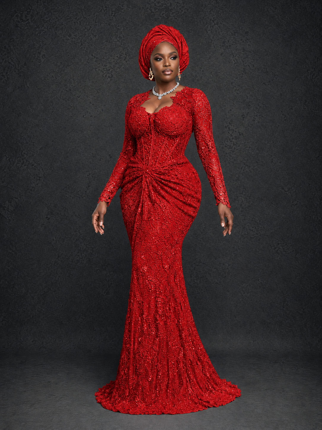 BOLODOO Red Beaded Lace Long Sleeve Mermaid Gown Sweetheart | Mother of the Bride - Red