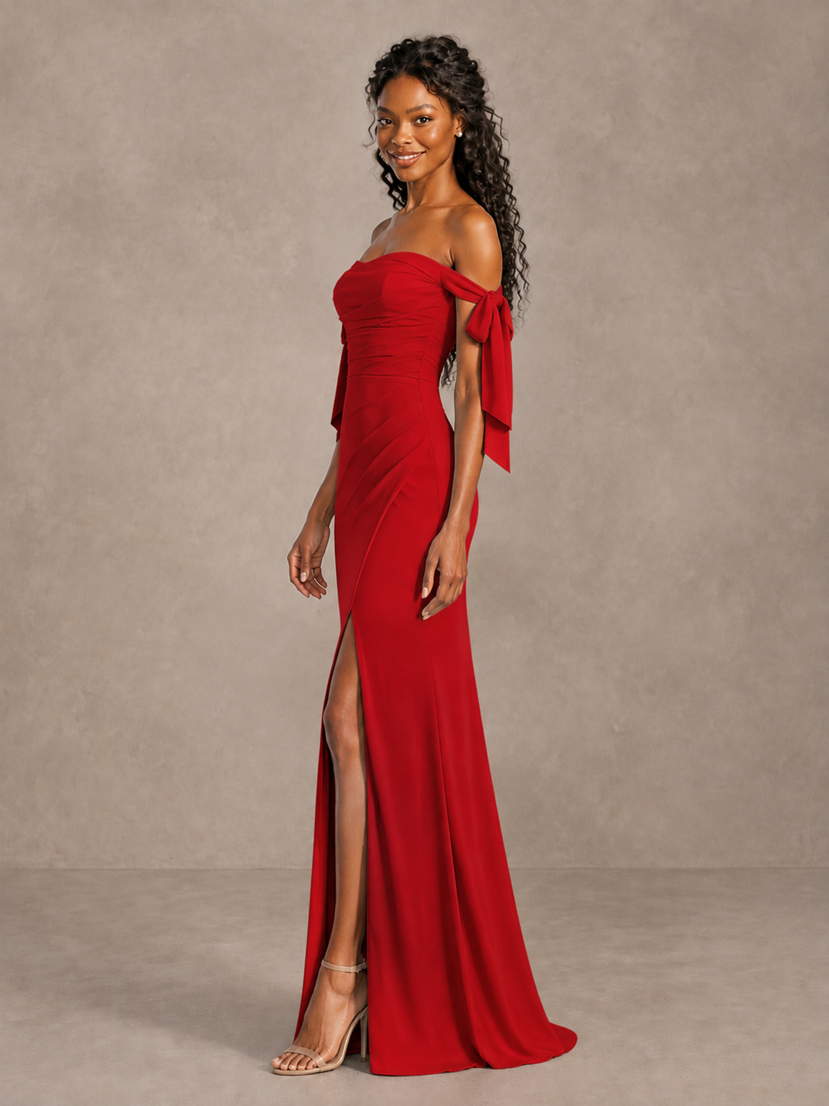 Red Off-Shoulder Bow Bridesmaid Dress with Slit - Red - Red (3)