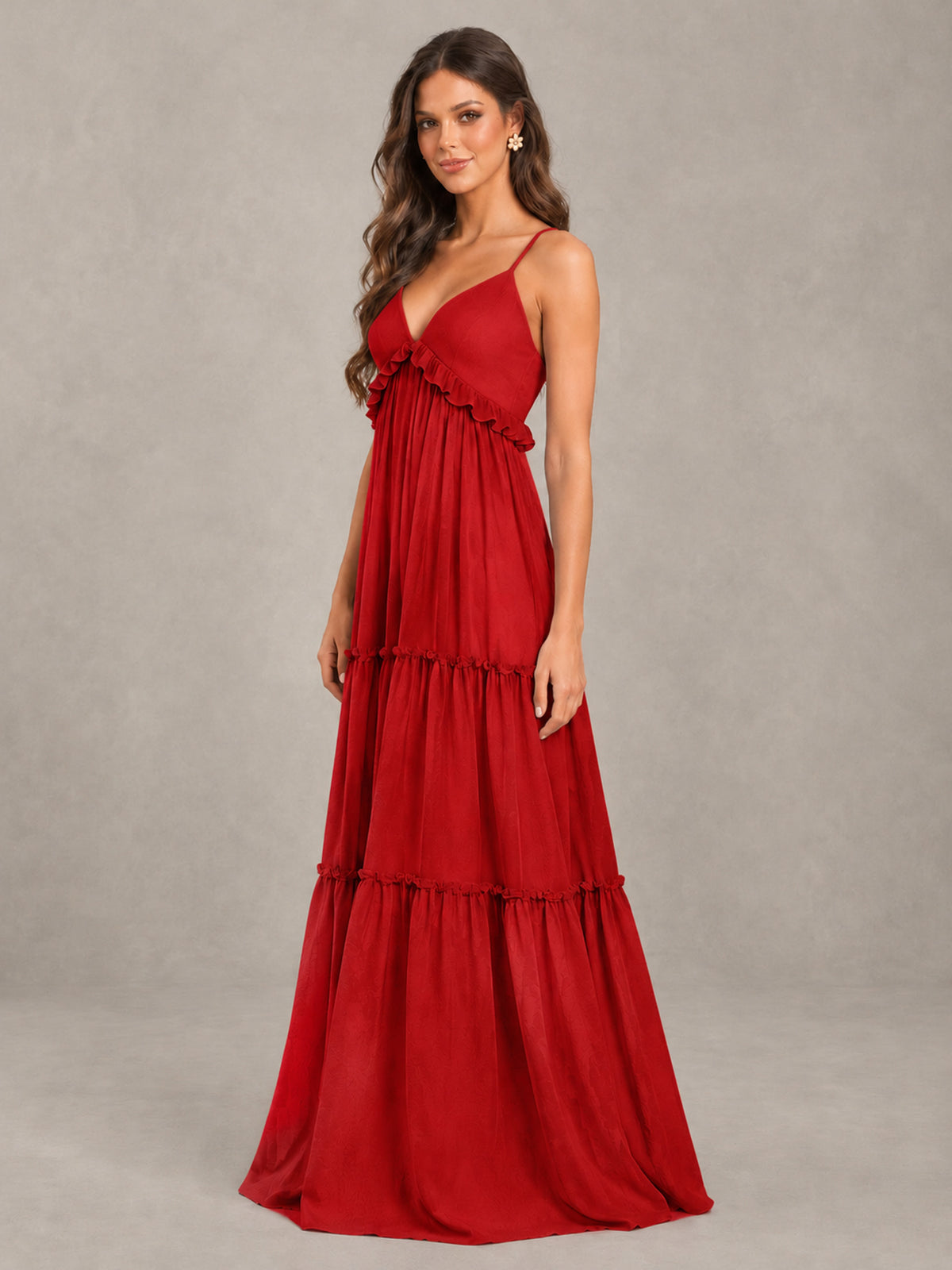BOLODOO Red Tiered V-Neck Lace-Up Back Bridesmaid Dress - Red - Red (3)
