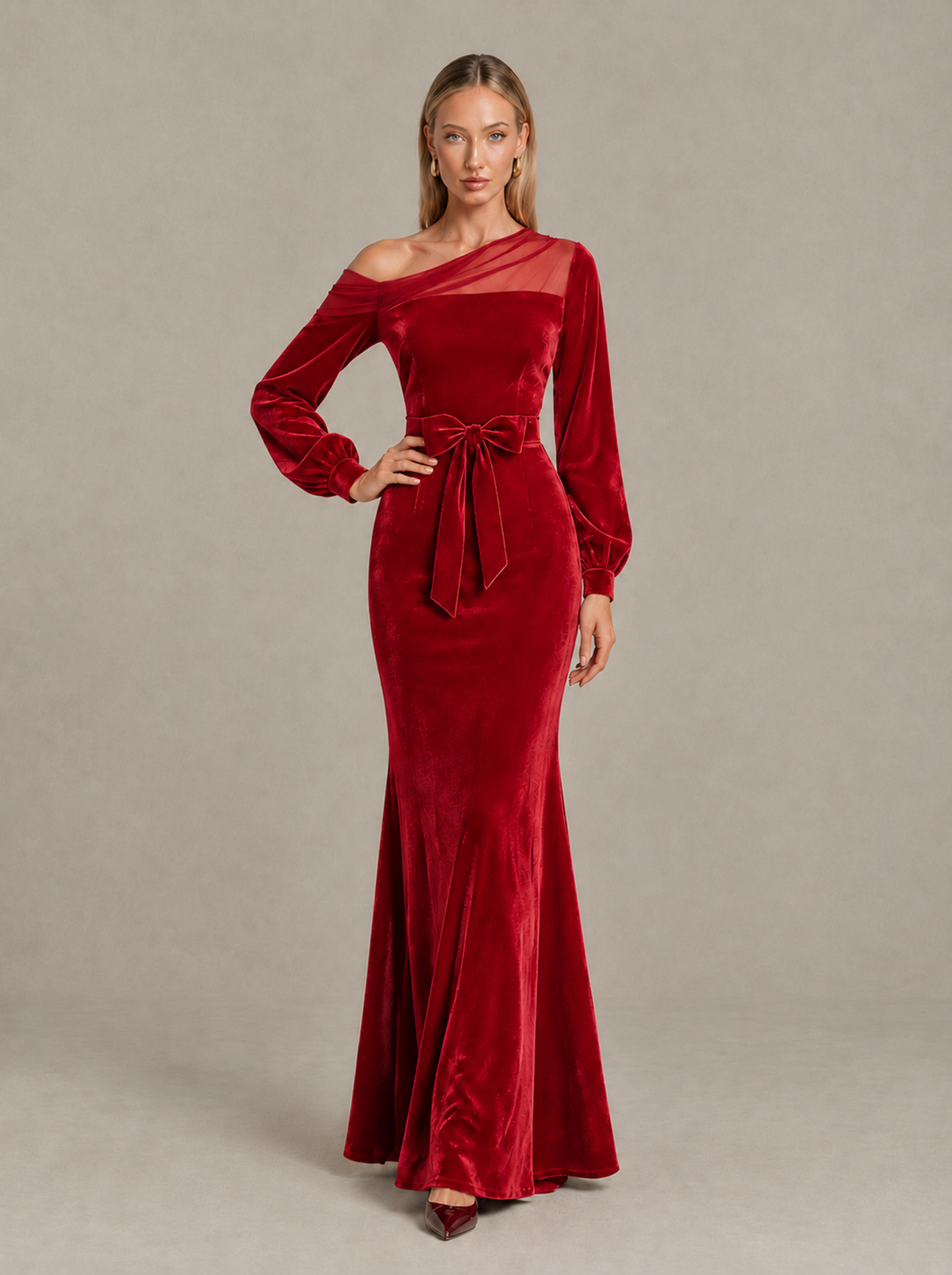 BOLODOO Red Velvet Mermaid Evening Dress with Long Sleeves - Red - Red (3)