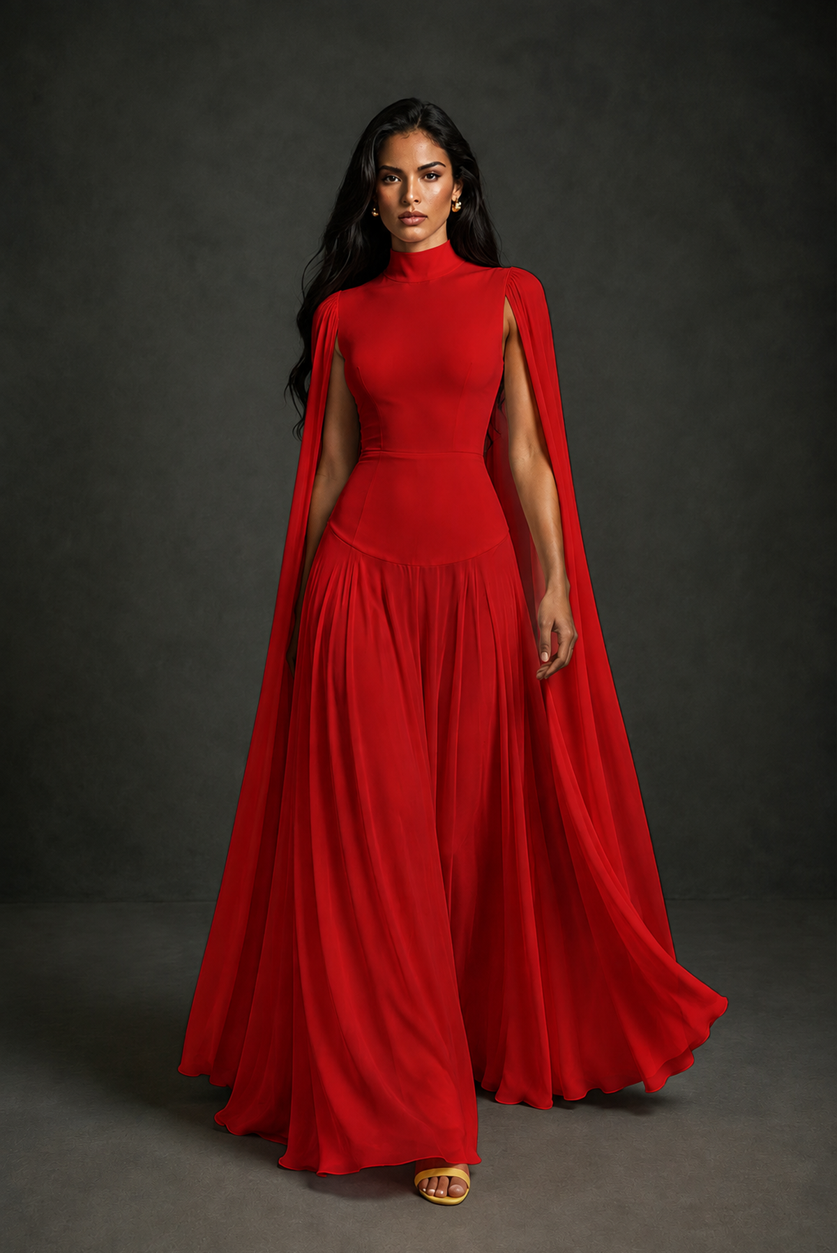 BOLODOO Red Mock Neck Cape Sleeve A-Line Chiffon Maxi Dress - Red