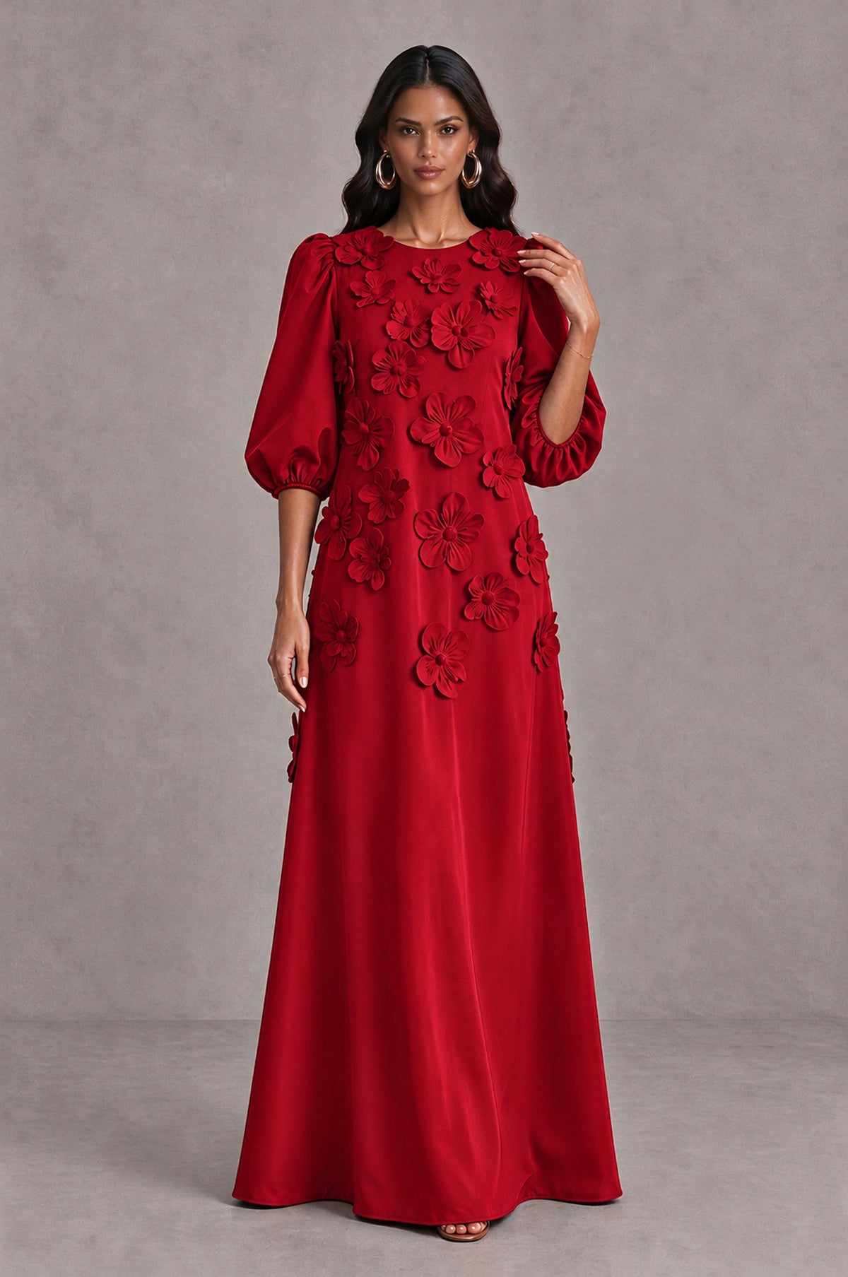 BOLODOO Red Floral Applique Puff Sleeve A-Line Evening Dress - Red - Red (3)