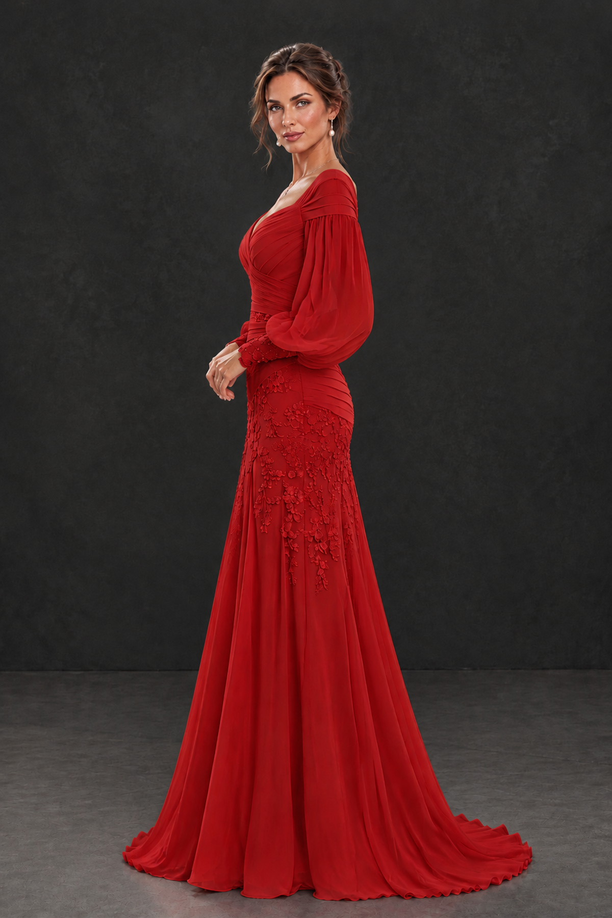 BOLODOO Red Long Sleeve Mother of the Bride Dress with Floral Appliqués - Red - Red (3)