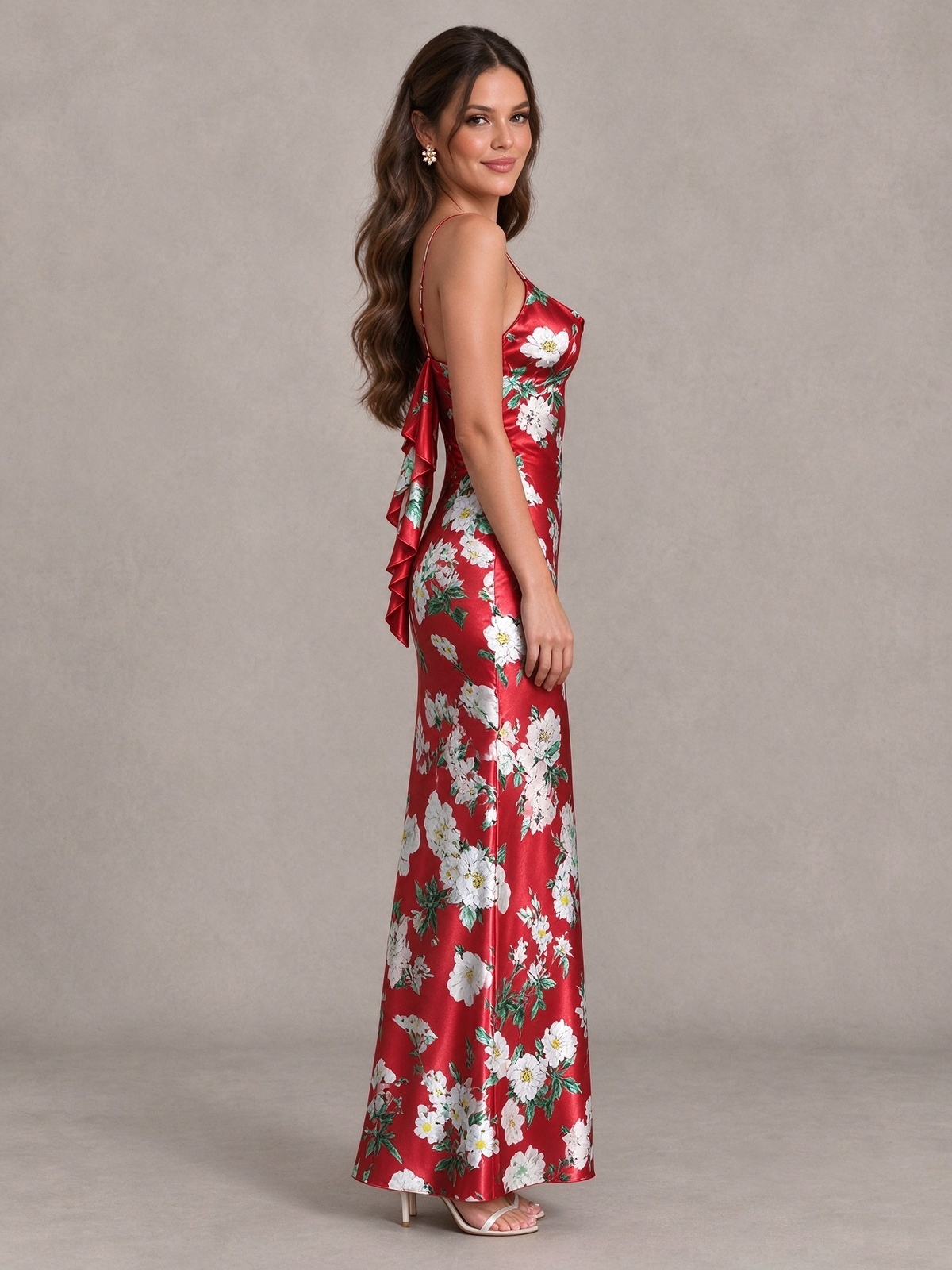 BOLODOO Red Floral Satin Bridesmaid Dress with Cowl Back - Red - Red (3)