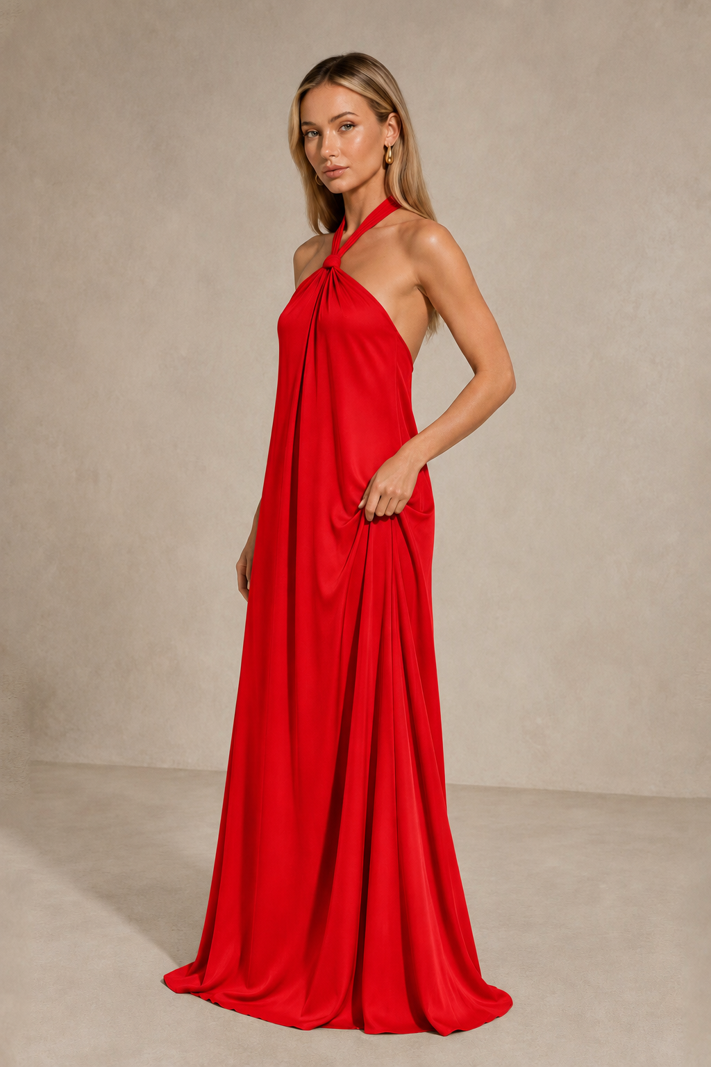 BOLODOO Red Backless Halter Satin Bridesmaid Dress - Red