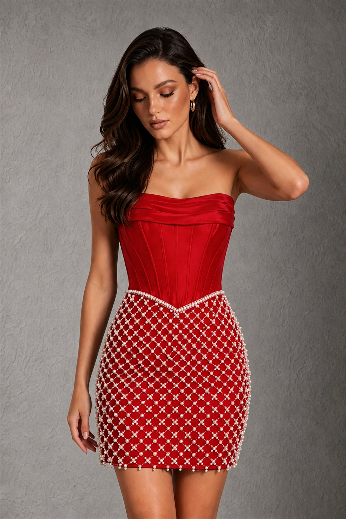 BOLODOO Red Strapless Boned Corset Mini Dress Red Geometric Beaded Skirt Lace-Up Back BD0355 - Red