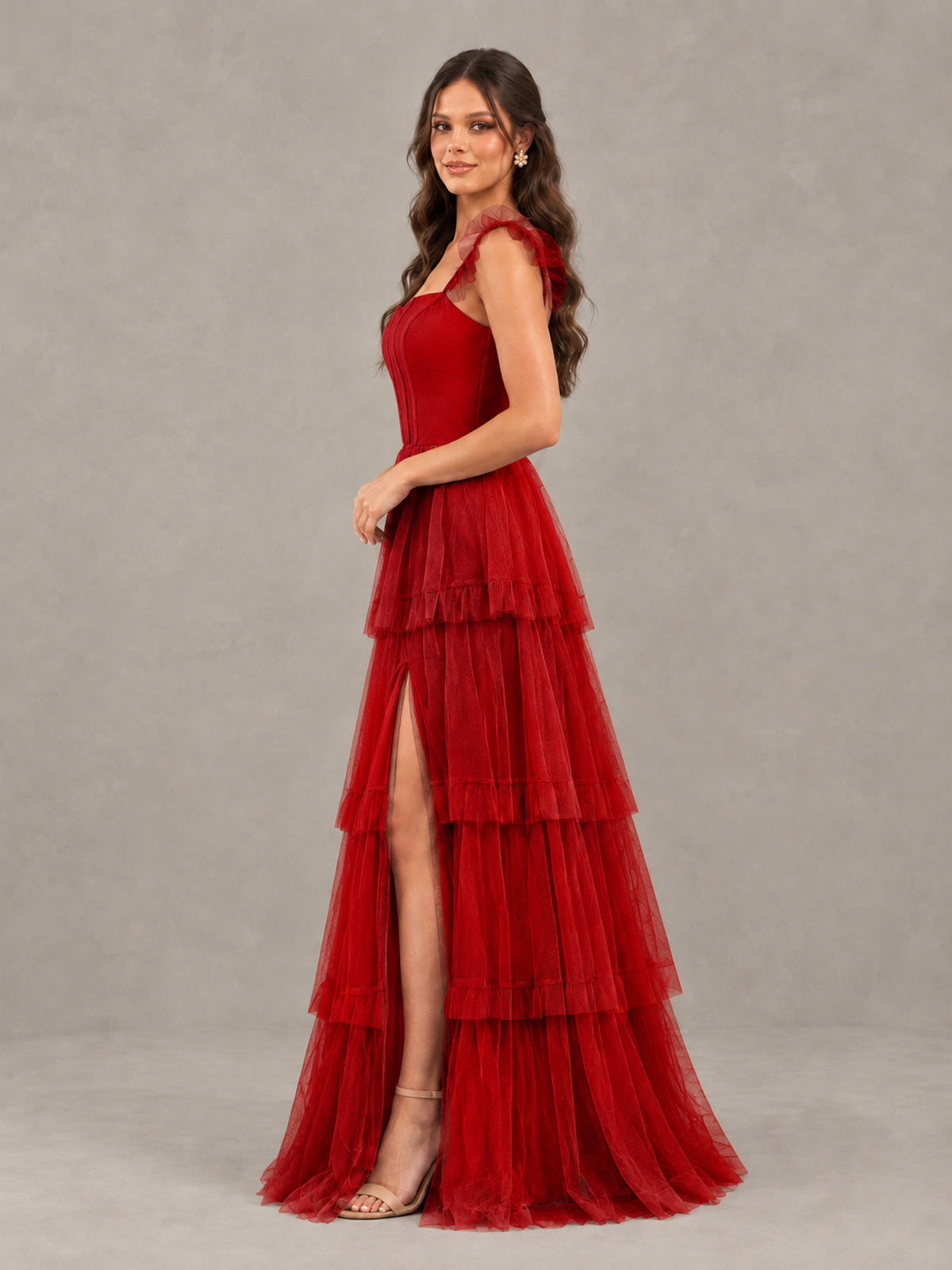 BOLODOO Red Tiered Tulle Bridesmaid Dress with Slit - Red - Red (3)