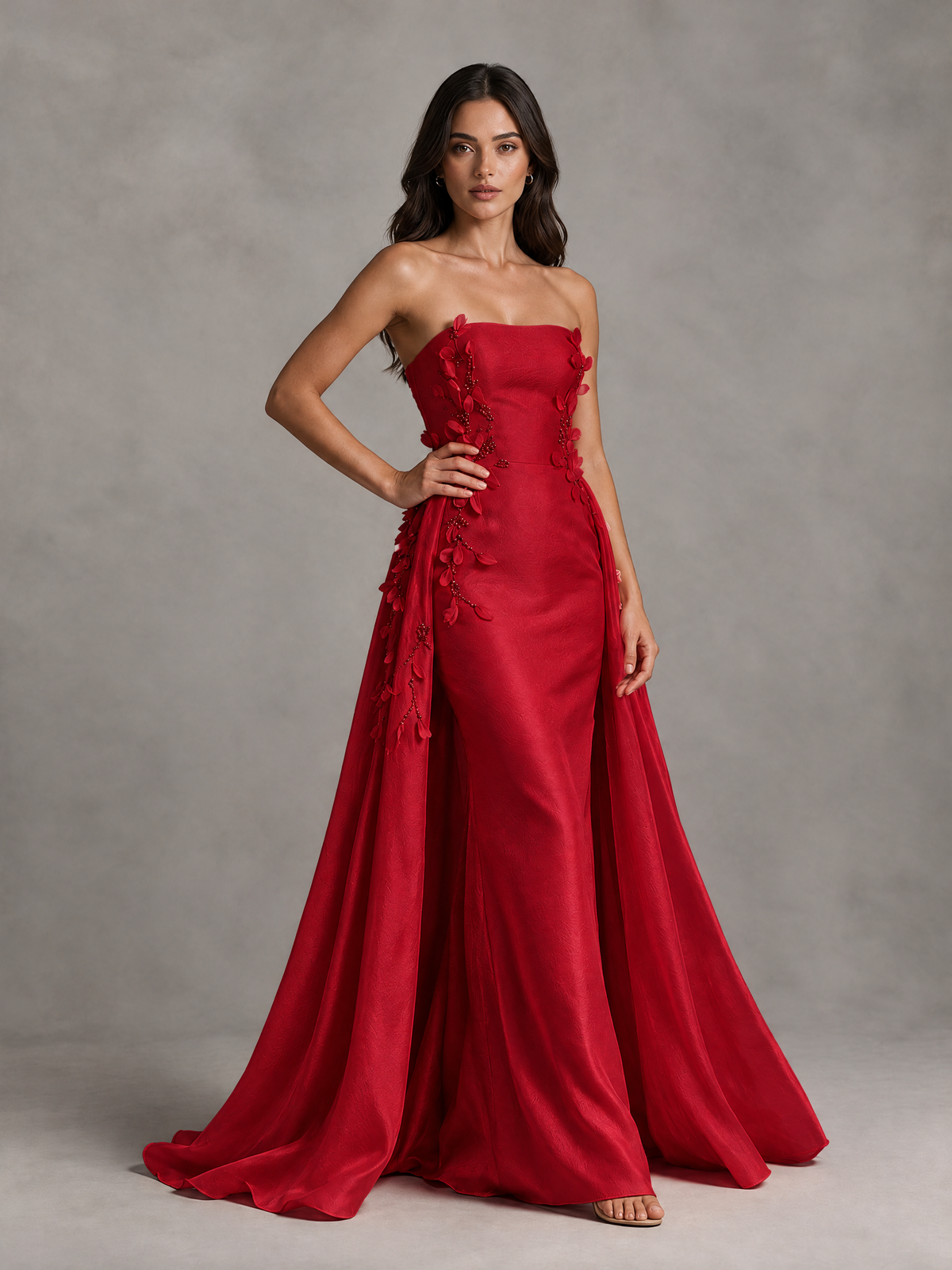BOLODOO Red Strapless Floral Applique Prom Dress with Overskirt - Red - Red (3)