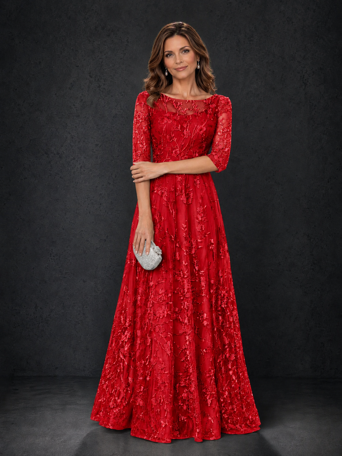 BOLODOO Red Illusion Bateau Neck 3/4 Sleeve Floral Lace A-Line Mother of the Bride Dress MX007 - Red