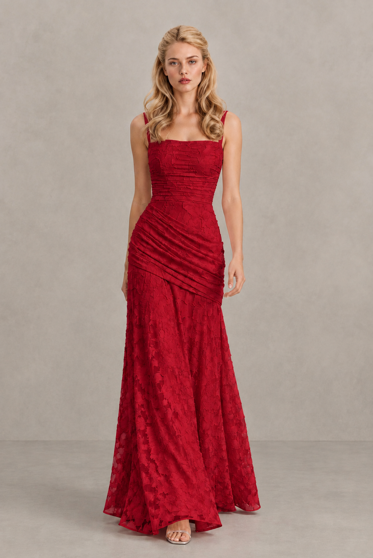 BOLODOO Red Ruched Floral Maxi Dress with Lace-Up Back - Red