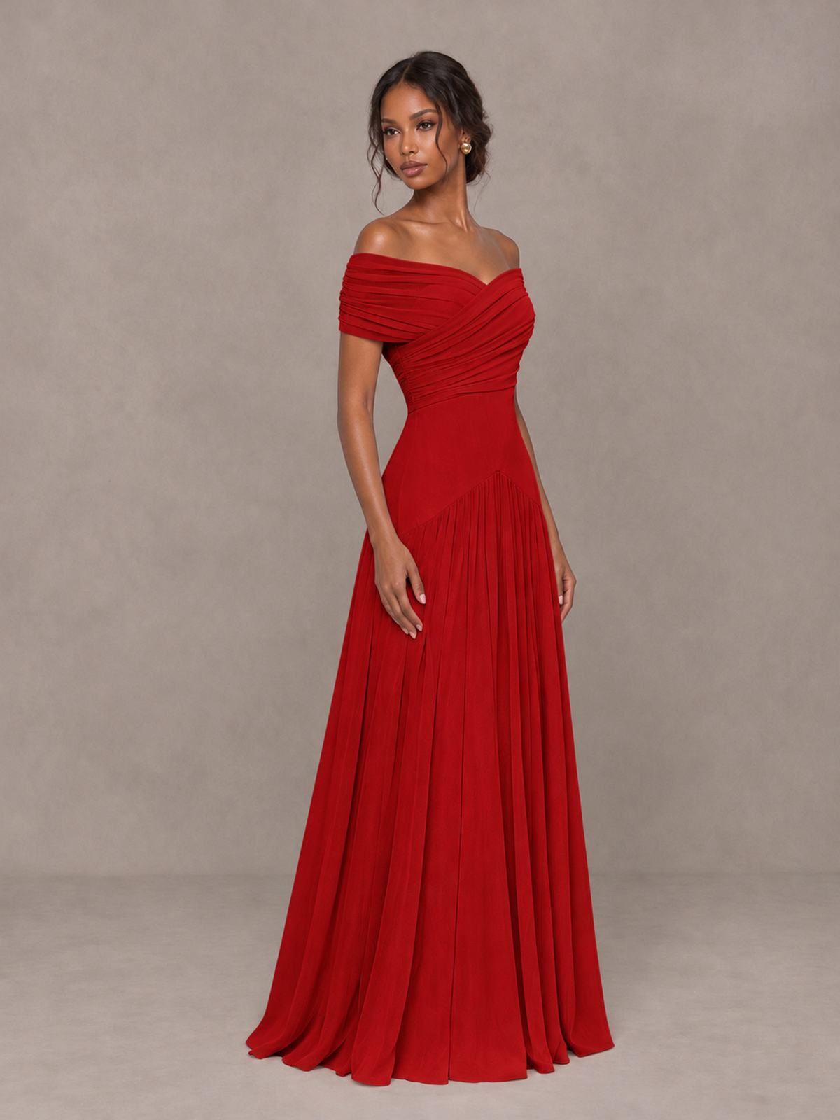 BOLODOO Red Off-Shoulder Ruched A-Line Bridesmaid Dress - Red - Red (3)