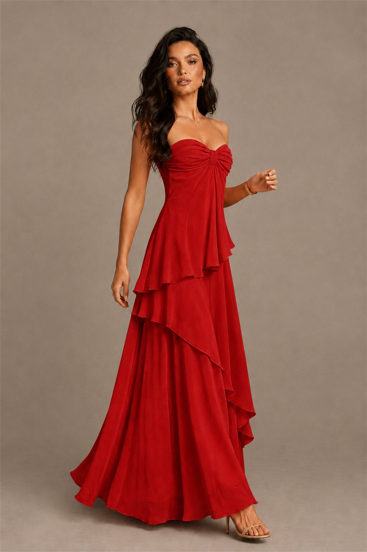 BOLODOO Red Strapless Sweetheart Knotted Chiffon Tiered Maxi Dress with Lace-Up Back - Red