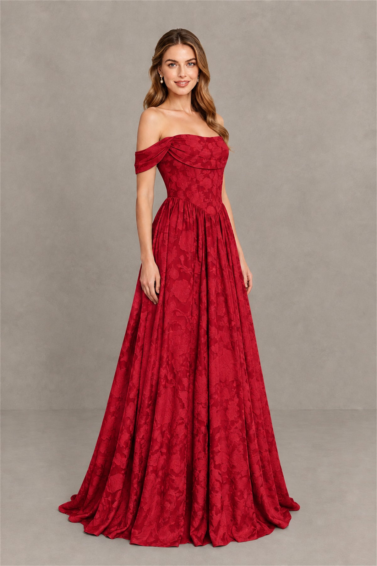 BOLODOO Red Off-Shoulder Floral A-Line Maxi Dress - Red