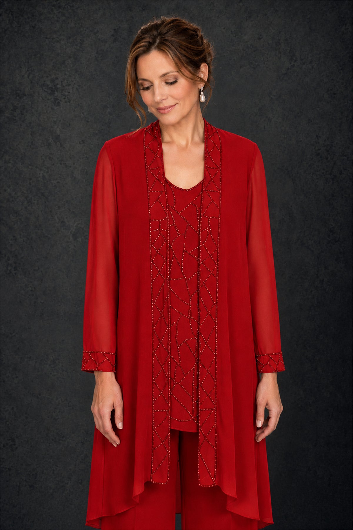 BOLODOO Red 3-Piece Beaded Chiffon Duster Jacket Pant Suit - Red