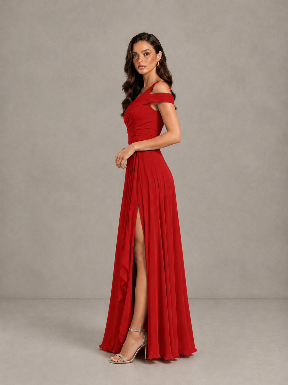 BOLODOO Red One-Shoulder Bridesmaid Dress with Side Slit - Red - Red (3)