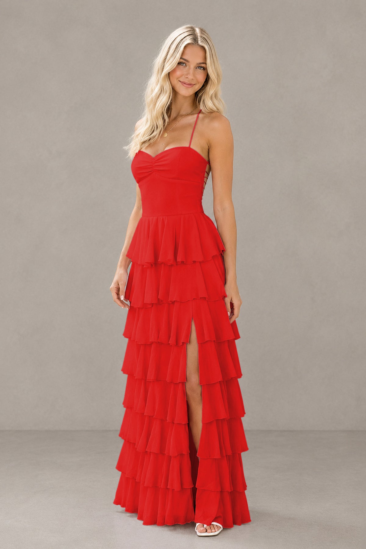 BOLODOO Red Strapless Tiered Ruffle Maxi Dress with Slit & Lace-Up Back - Red