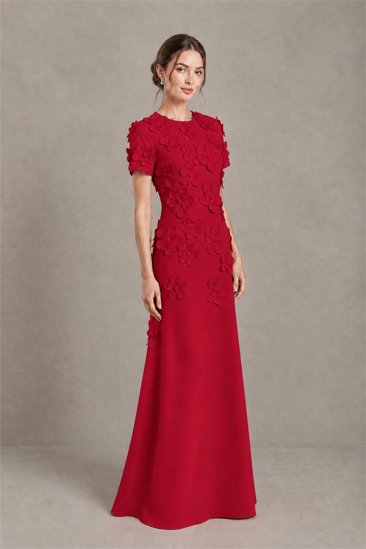 BOLODOO Red Textured Floral Maxi Dress with Short Sleeves - Red