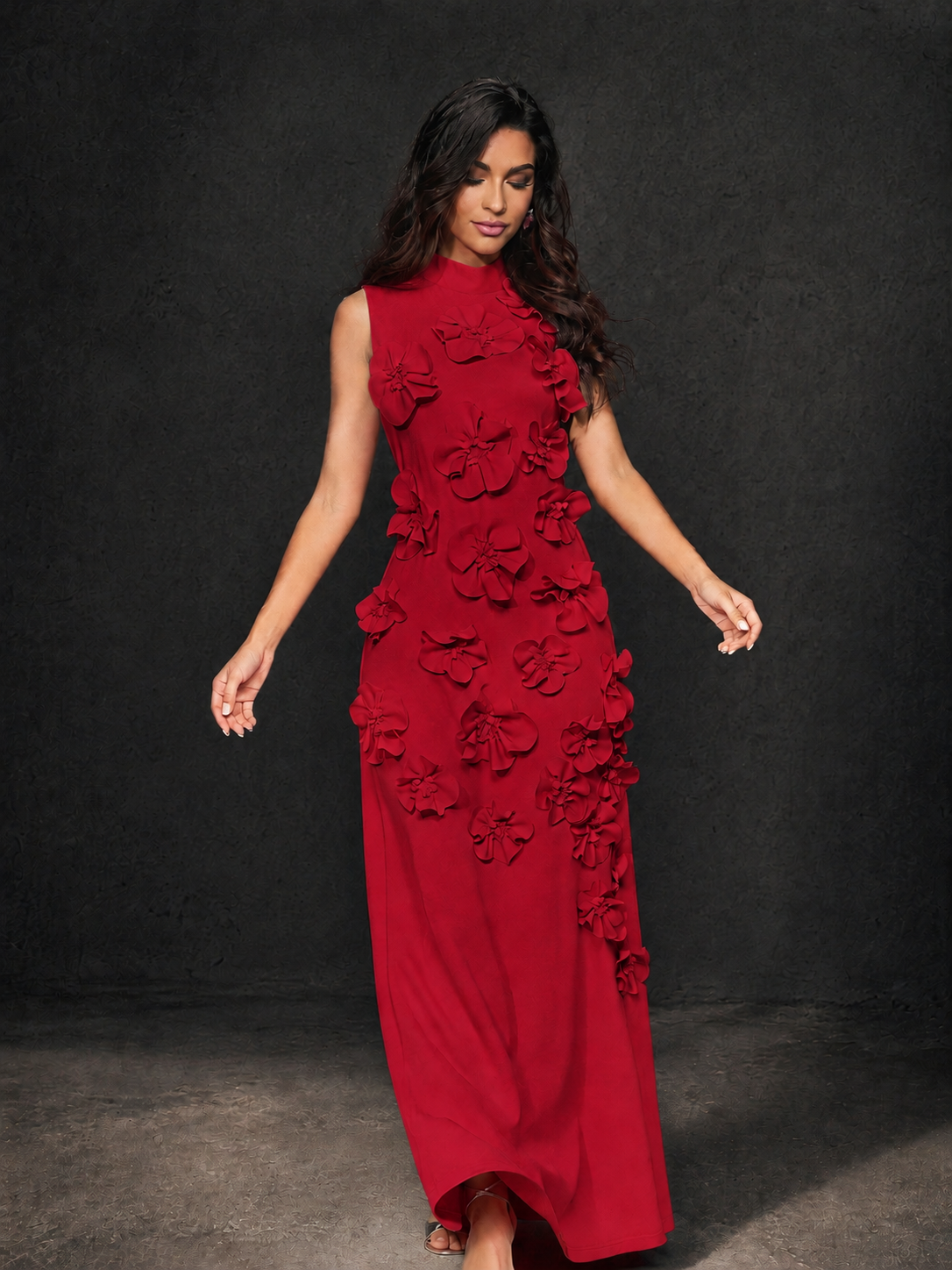 BOLODOO Red Mock Neck Sleeveless 3D Floral Appliqué Maxi Dress with Bow Back - Red